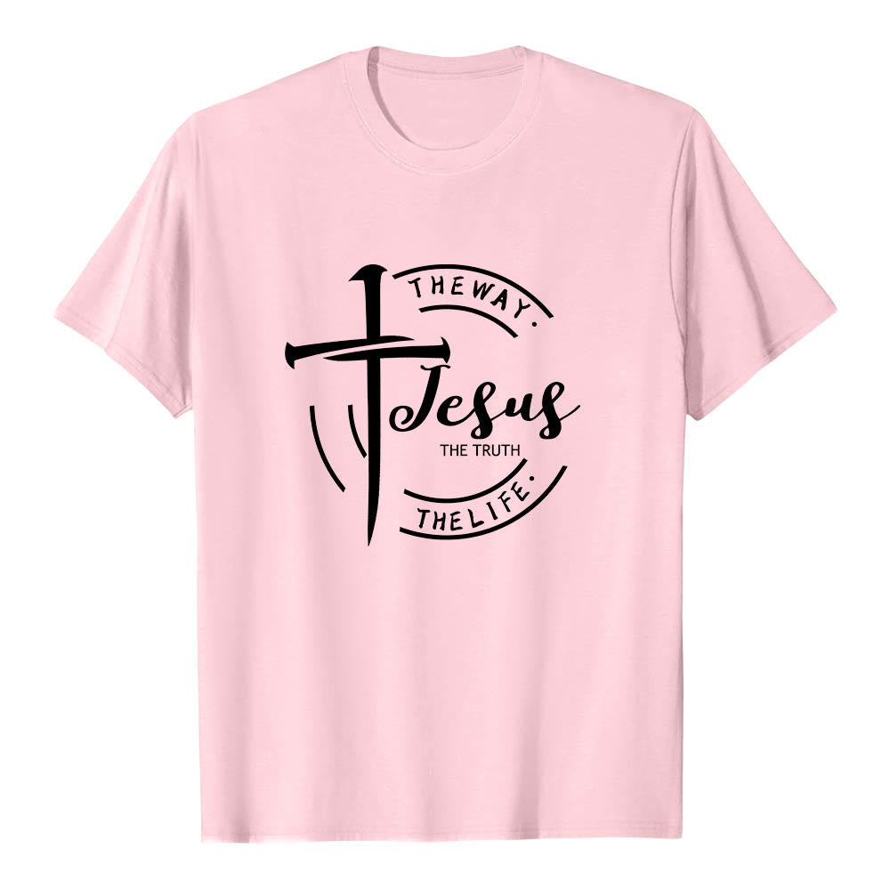 Christianartworkshop T-shirt premium à manches courtes avec motif de croix et de coups de pinceau, cadre circulaire, Jésus, le chemin, la vérité, la vie - Rose - 2XL - image 24