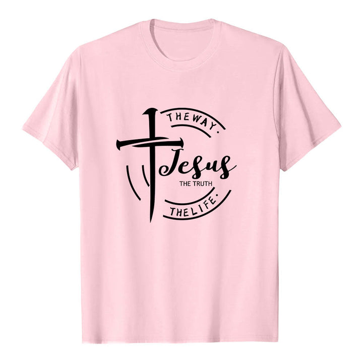 Christianartworkshop T-shirt premium à manches courtes avec motif de croix et de coups de pinceau, cadre circulaire, Jésus, le chemin, la vérité, la vie - Rose - 2XL - image 24