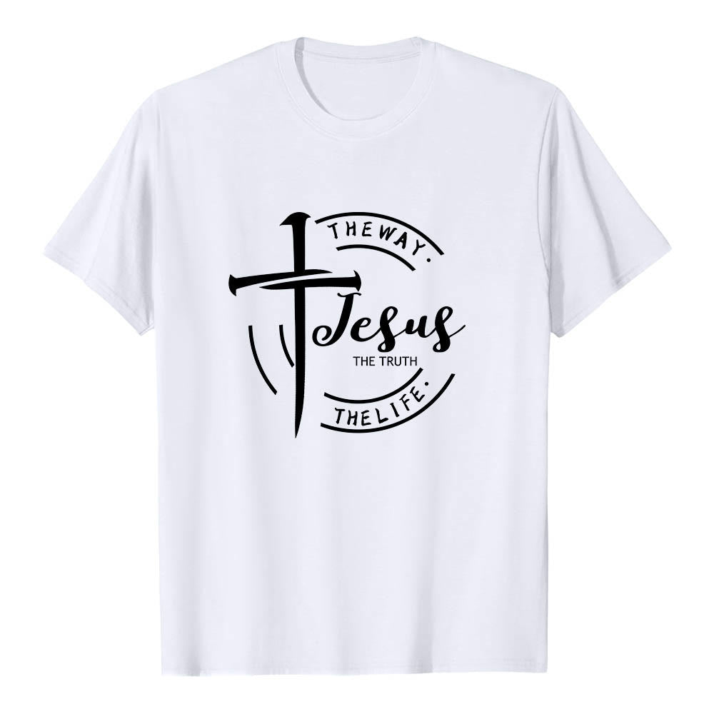Christianartworkshop T-shirt premium à manches courtes avec motif de croix et de coups de pinceau, cadre circulaire, Jésus, le chemin, la vérité, la vie - Blanc - 2XL - image 3