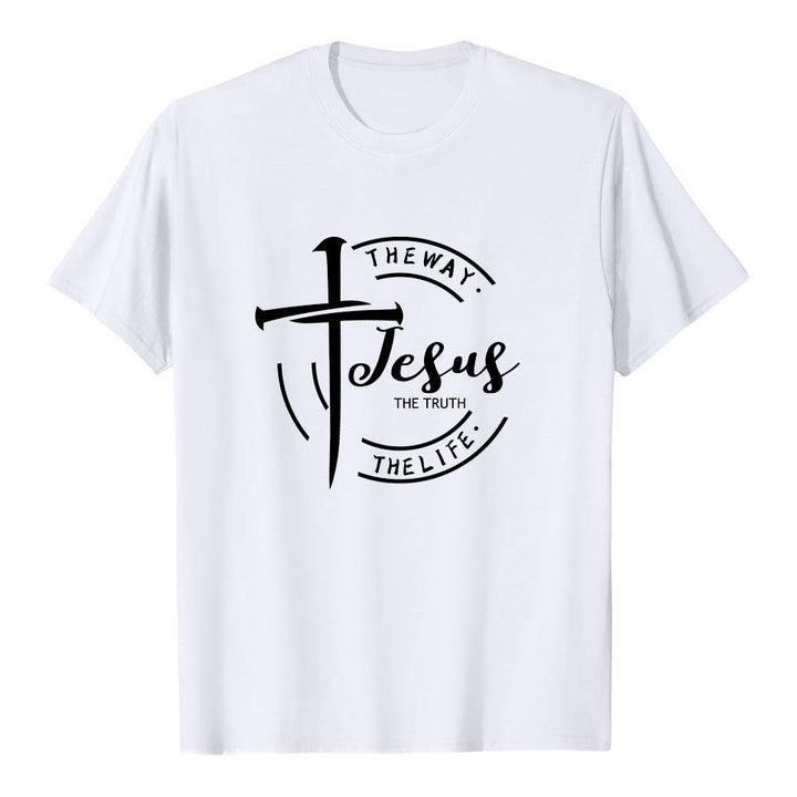 Christianartworkshop T-shirt premium à manches courtes avec motif de croix et de coups de pinceau, cadre circulaire, Jésus, le chemin, la vérité, la vie - Blanc - 2XL - image 3