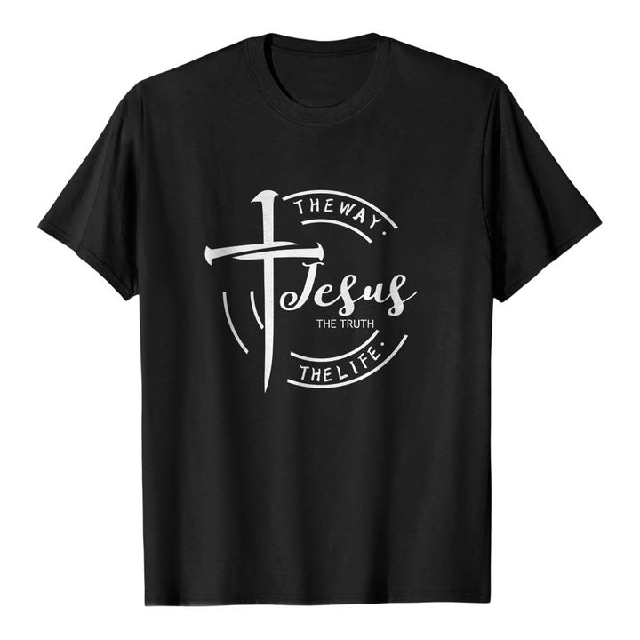 Christianartworkshop T-shirt premium à manches courtes avec motif de croix et de coups de pinceau, cadre circulaire, Jésus, le chemin, la vérité, la vie - Noir - 2XL - image 15