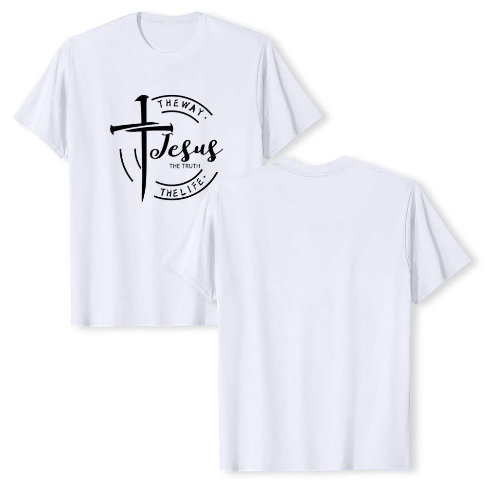 Christianartworkshop T-shirt premium à manches courtes avec motif de croix et de coups de pinceau, cadre circulaire, Jésus, le chemin, la vérité, la vie - image 4