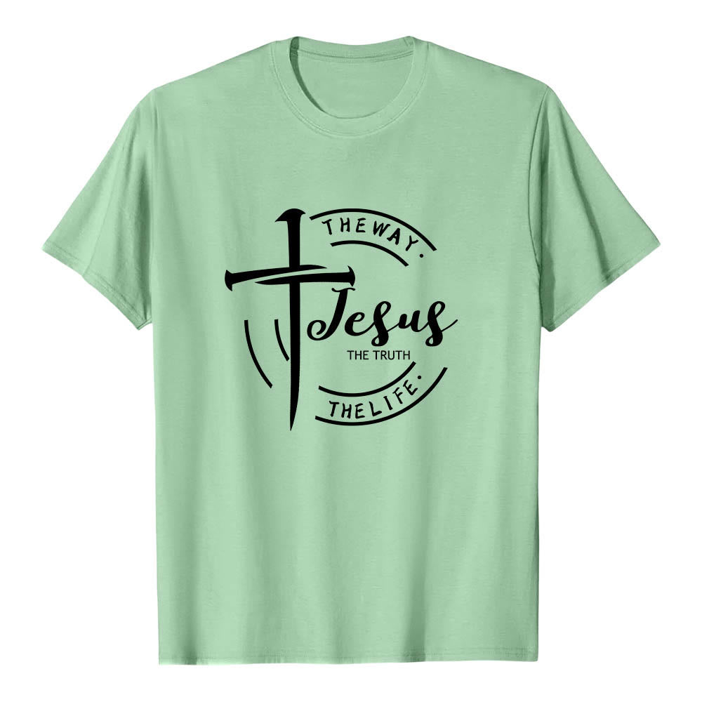 Christianartworkshop T-shirt premium à manches courtes avec motif de croix et de coups de pinceau, cadre circulaire, Jésus, le chemin, la vérité, la vie - Vert clair - 2XL - image 21