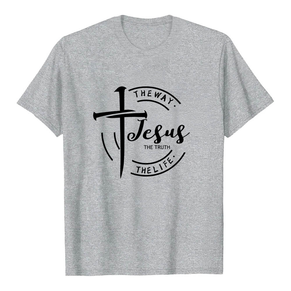 Christianartworkshop T-shirt premium à manches courtes avec motif de croix et de coups de pinceau, cadre circulaire, Jésus, le chemin, la vérité, la vie - Gris - 2XL - image 0