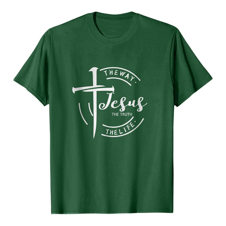 Christianartworkshop T-shirt premium à manches courtes avec motif de croix et de coups de pinceau, cadre circulaire, Jésus, le chemin, la vérité, la vie - Vert foncé - 2XL - image 6