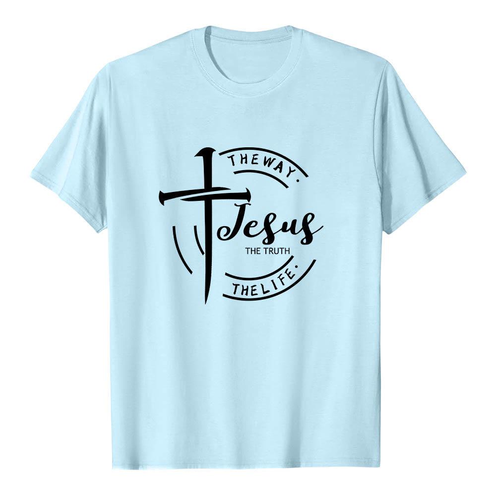 Christianartworkshop T-shirt premium à manches courtes avec motif de croix et de coups de pinceau, cadre circulaire, Jésus, le chemin, la vérité, la vie - Bleu - 2XL - image 9