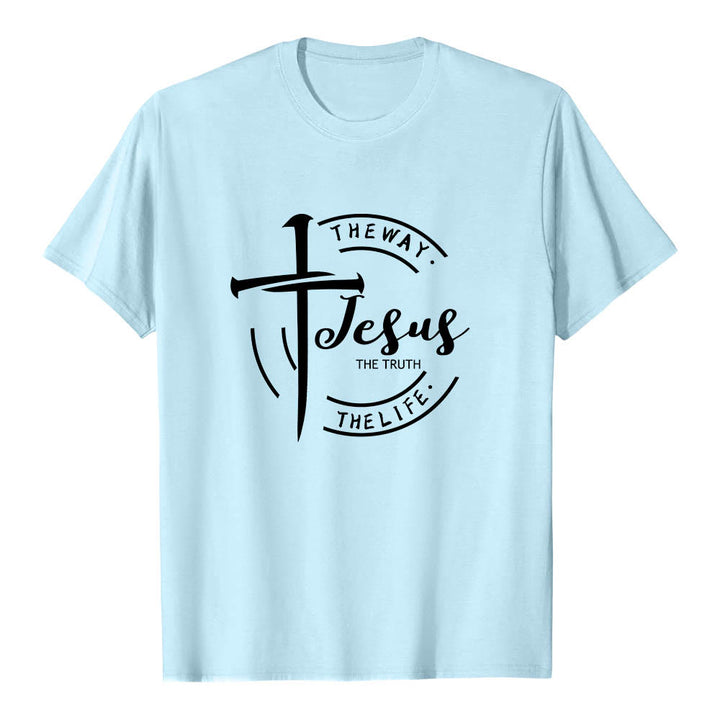 Christianartworkshop T-shirt premium à manches courtes avec motif de croix et de coups de pinceau, cadre circulaire, Jésus, le chemin, la vérité, la vie - Bleu - 2XL - image 9