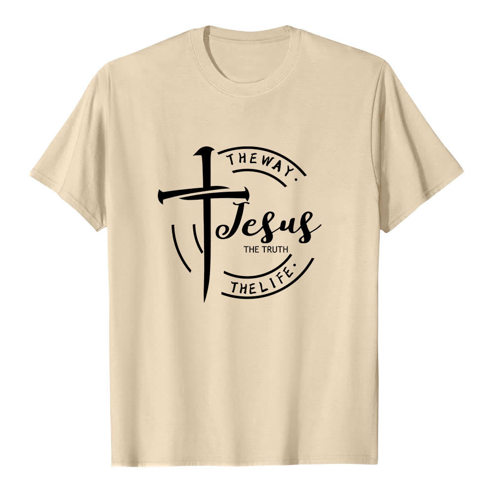 Christianartworkshop T-shirt premium à manches courtes avec motif de croix et de coups de pinceau, cadre circulaire, Jésus, le chemin, la vérité, la vie - Beige - 2XL - image 18