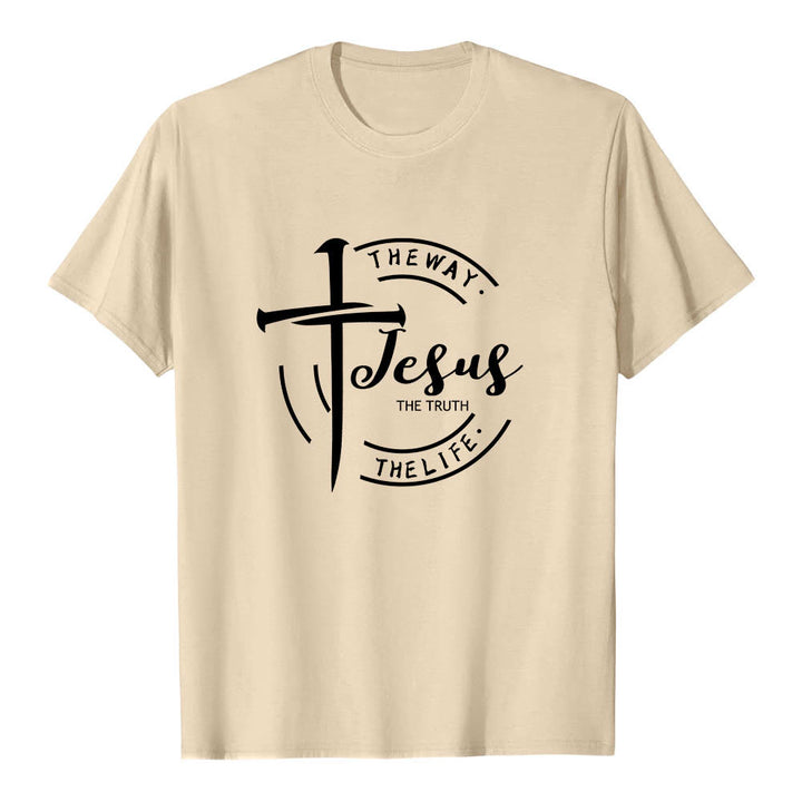 Christianartworkshop T-shirt premium à manches courtes avec motif de croix et de coups de pinceau, cadre circulaire, Jésus, le chemin, la vérité, la vie - Beige - 2XL - image 18