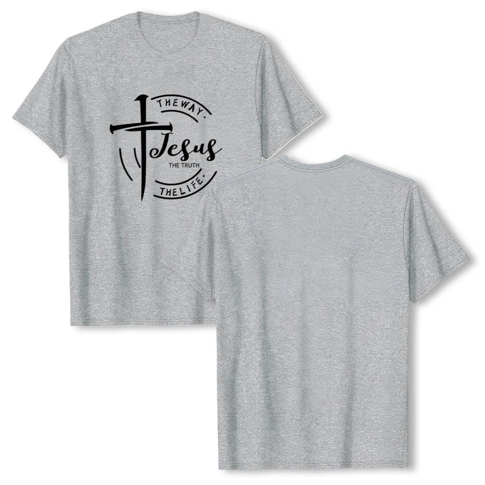 Christianartworkshop T-shirt premium à manches courtes avec motif de croix et de coups de pinceau, cadre circulaire, Jésus, le chemin, la vérité, la vie - image 1