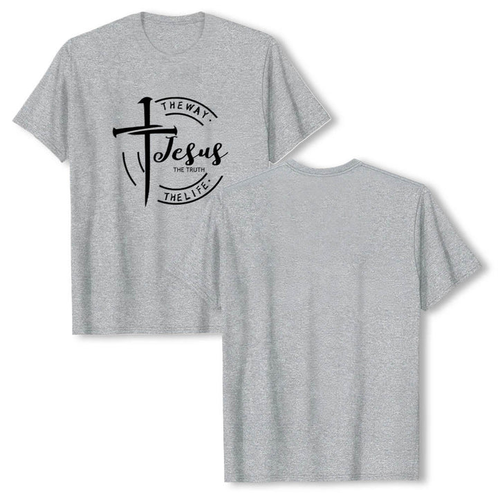 Christianartworkshop T-shirt premium à manches courtes avec motif de croix et de coups de pinceau, cadre circulaire, Jésus, le chemin, la vérité, la vie - image 1