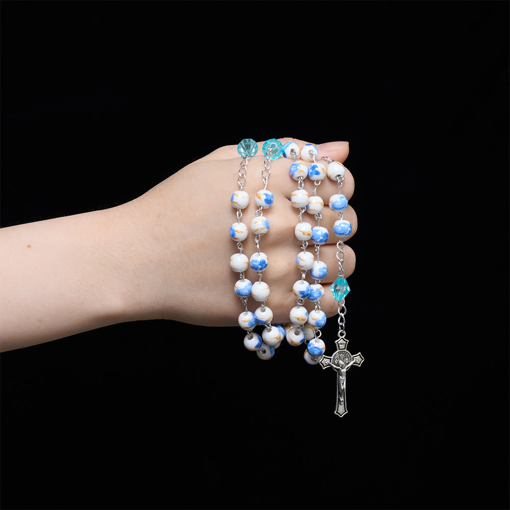 Christianartworkshop Chapelet Notre-Dame Crucifix en perles de céramique bleu clair à motif floral - image 1