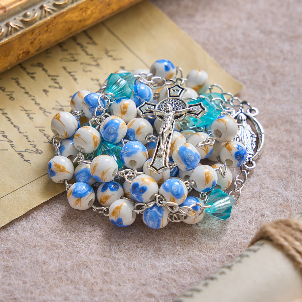 Christianartworkshop Chapelet Notre-Dame Crucifix en perles de céramique bleu clair à motif floral - image 4