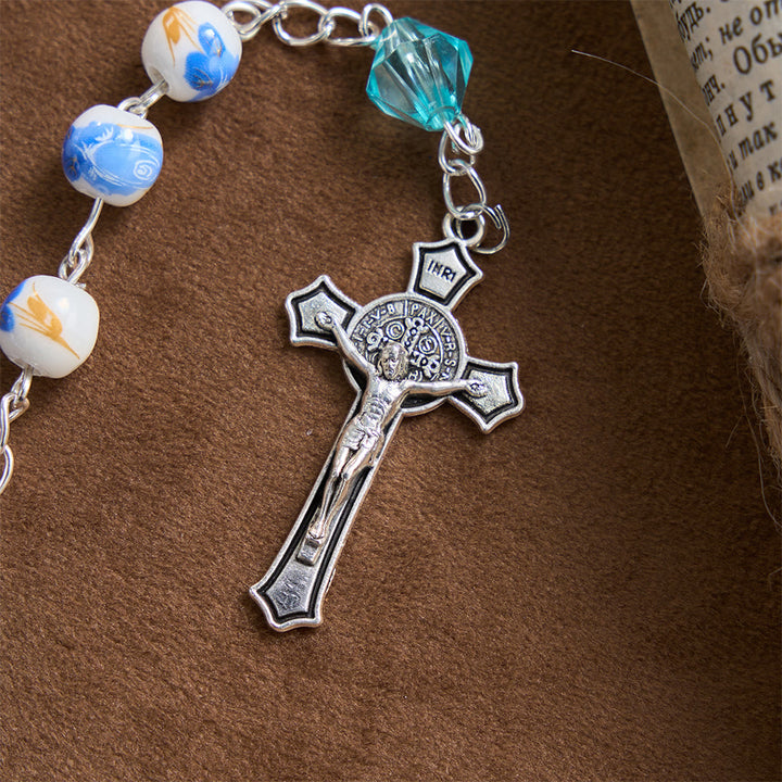 Christianartworkshop Chapelet Notre-Dame Crucifix en perles de céramique bleu clair à motif floral - image 8
