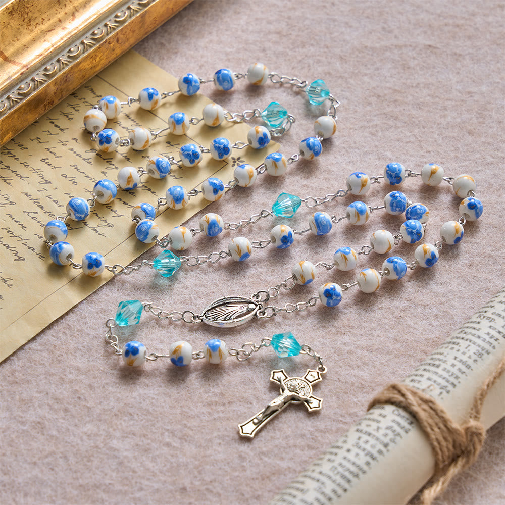 Christianartworkshop Chapelet Notre-Dame Crucifix en perles de céramique bleu clair à motif floral - image 2