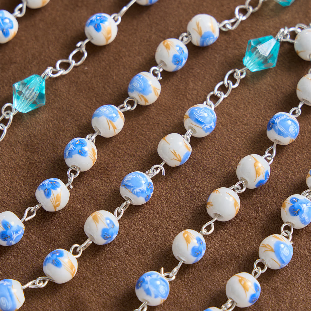 Christianartworkshop Chapelet Notre-Dame Crucifix en perles de céramique bleu clair à motif floral - image 6
