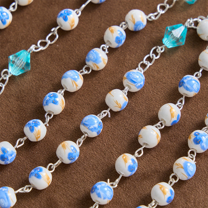 Christianartworkshop Chapelet Notre-Dame Crucifix en perles de céramique bleu clair à motif floral - image 6