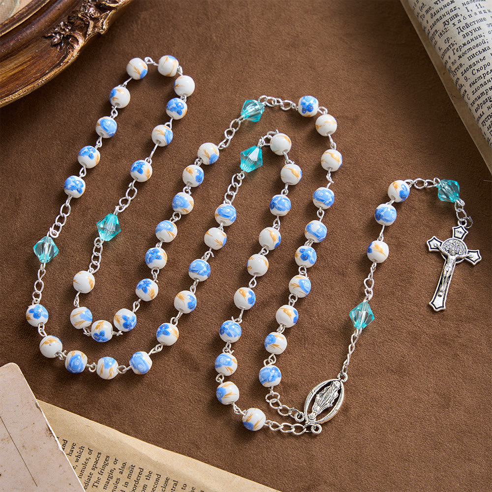 Christianartworkshop Chapelet Notre-Dame Crucifix en perles de céramique bleu clair à motif floral - image 5