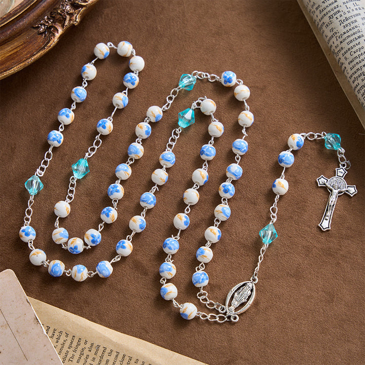 Christianartworkshop Chapelet Notre-Dame Crucifix en perles de céramique bleu clair à motif floral - image 5