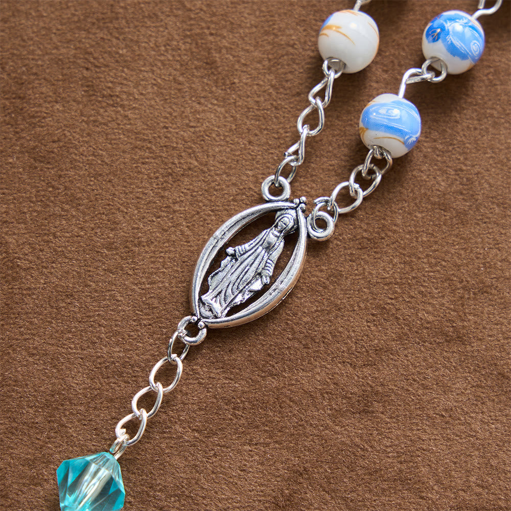 Christianartworkshop Chapelet Notre-Dame Crucifix en perles de céramique bleu clair à motif floral - image 7