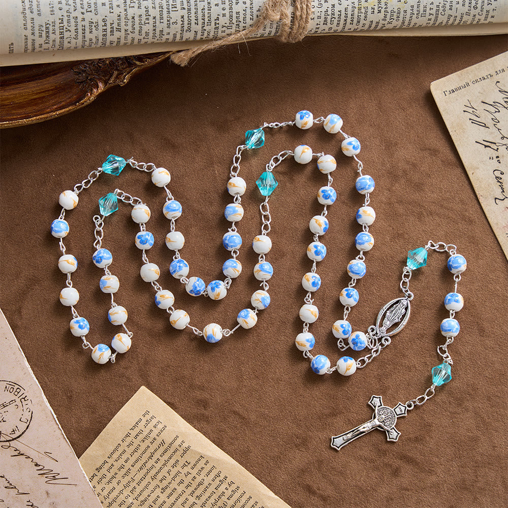 Christianartworkshop Chapelet Notre-Dame Crucifix en perles de céramique bleu clair à motif floral - image 3
