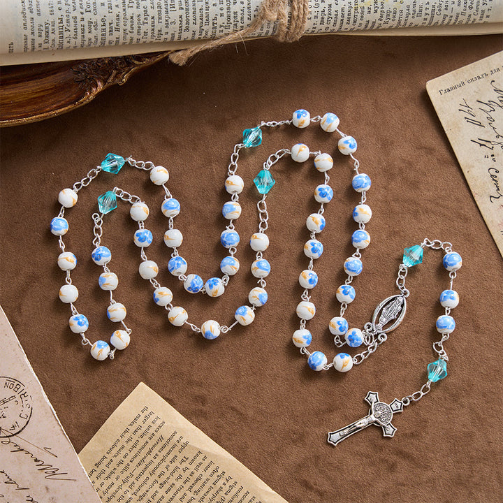 Christianartworkshop Chapelet Notre-Dame Crucifix en perles de céramique bleu clair à motif floral - image 3