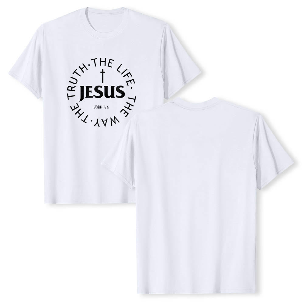 Christianartworkshop T-shirt premium à manches courtes avec croix centrée, inscription circulaire et verset Jean 14:6 - image 7