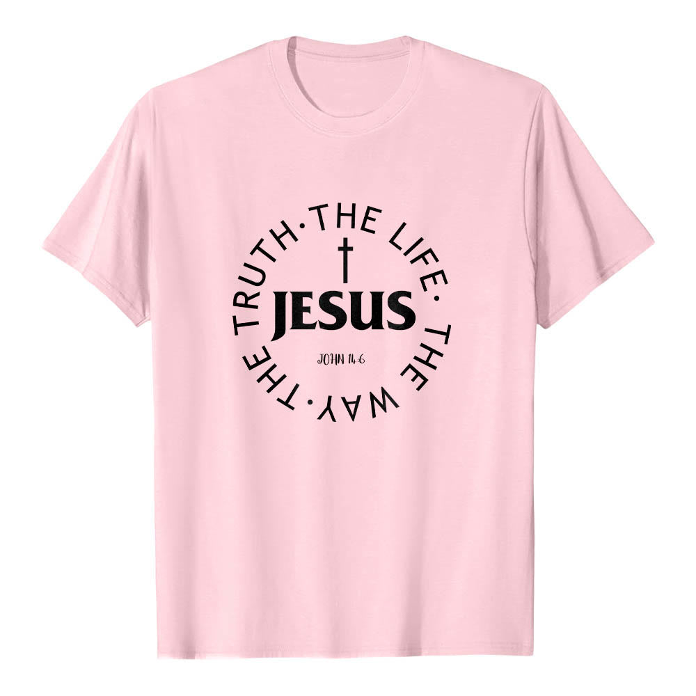 Christianartworkshop T-shirt premium à manches courtes avec croix centrée, inscription circulaire et verset Jean 14:6 - Rose - 2XL - image 24