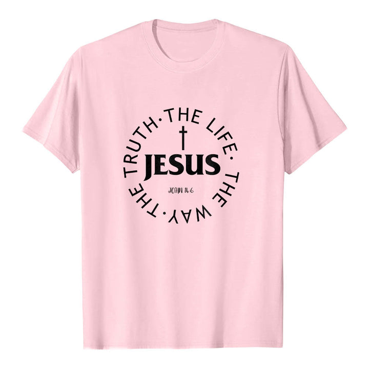 Christianartworkshop T-shirt premium à manches courtes avec croix centrée, inscription circulaire et verset Jean 14:6 - Rose - 2XL - image 24
