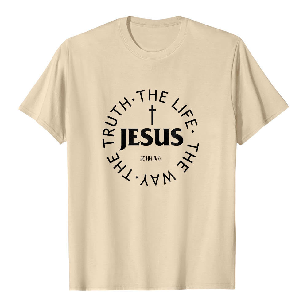 Christianartworkshop T-shirt premium à manches courtes avec croix centrée, inscription circulaire et verset Jean 14:6 - Beige - 2XL - image 0