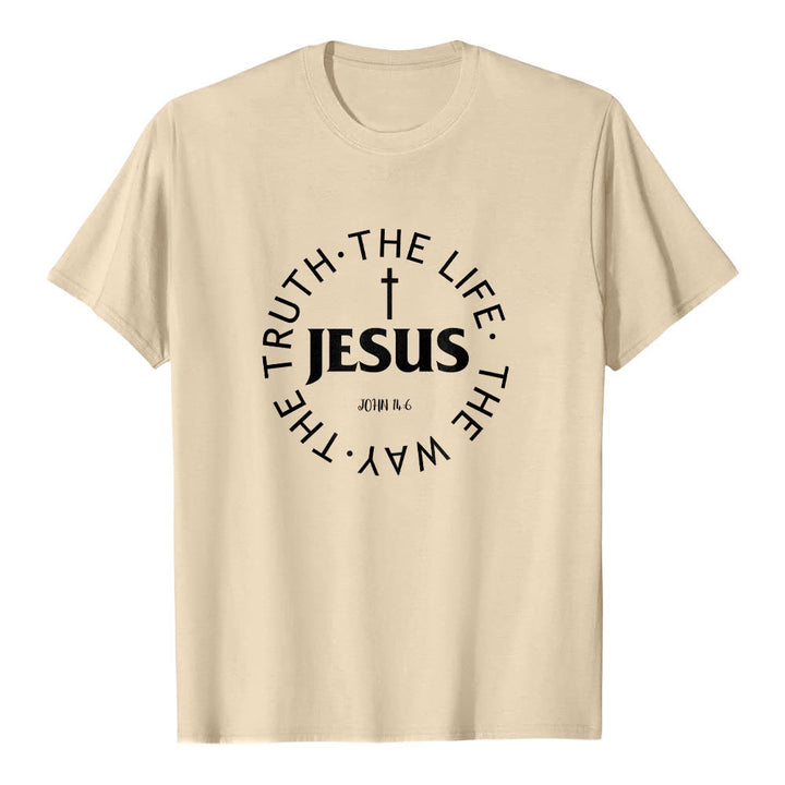 Christianartworkshop T-shirt premium à manches courtes avec croix centrée, inscription circulaire et verset Jean 14:6 - Beige - 2XL - image 0