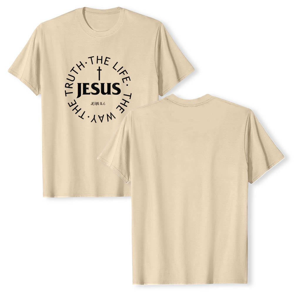 Christianartworkshop T-shirt premium à manches courtes avec croix centrée, inscription circulaire et verset Jean 14:6 - image 1