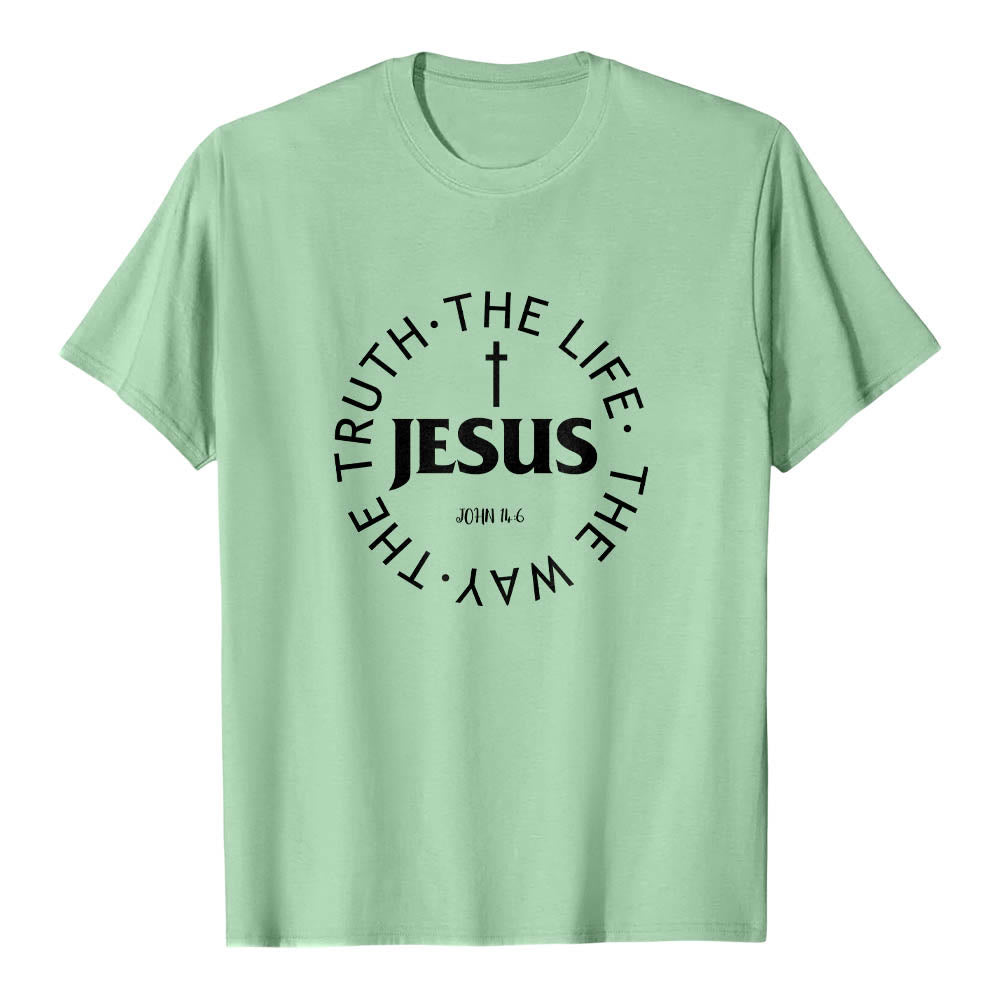 Christianartworkshop T-shirt premium à manches courtes avec croix centrée, inscription circulaire et verset Jean 14:6 - Vert clair - 2XL - image 21