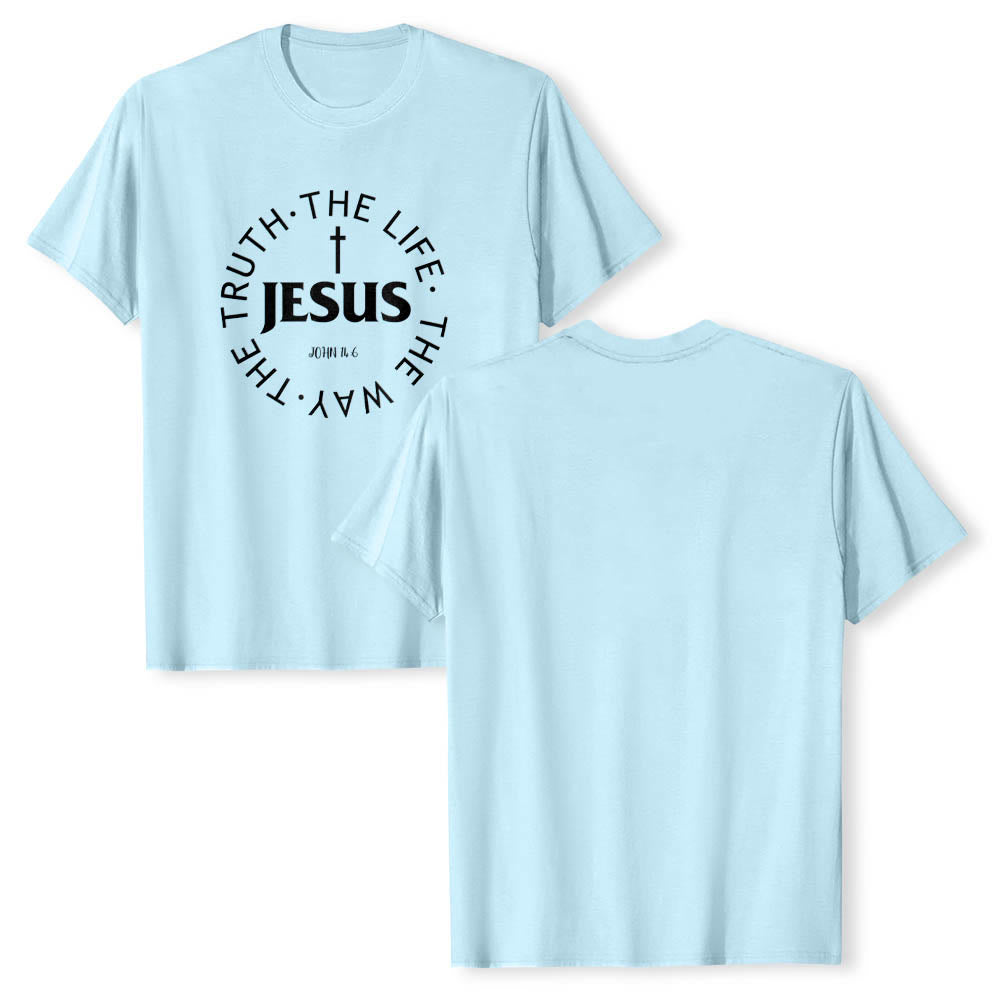 Christianartworkshop T-shirt premium à manches courtes avec croix centrée, inscription circulaire et verset Jean 14:6 - image 13