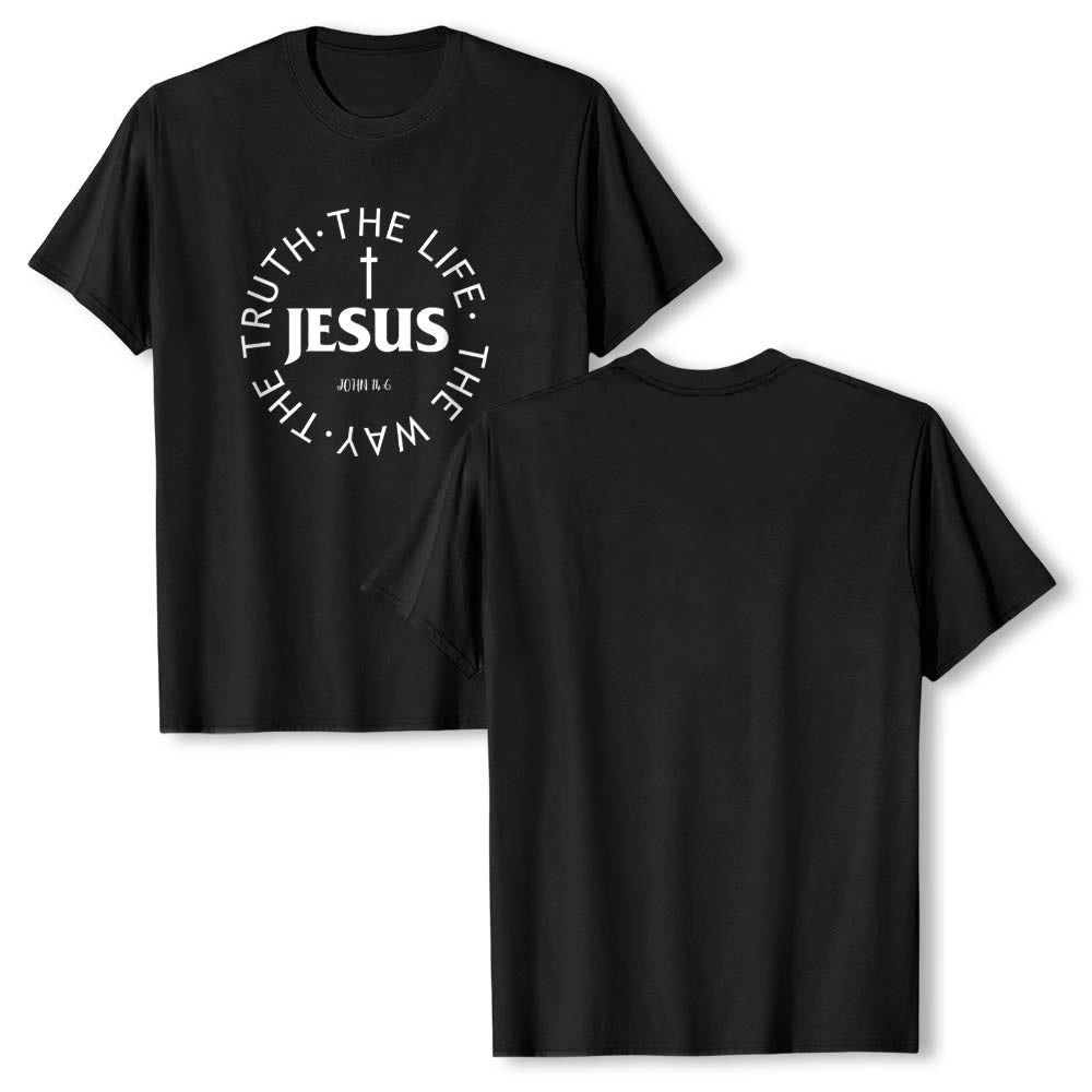 Christianartworkshop T-shirt premium à manches courtes avec croix centrée, inscription circulaire et verset Jean 14:6 - image 19