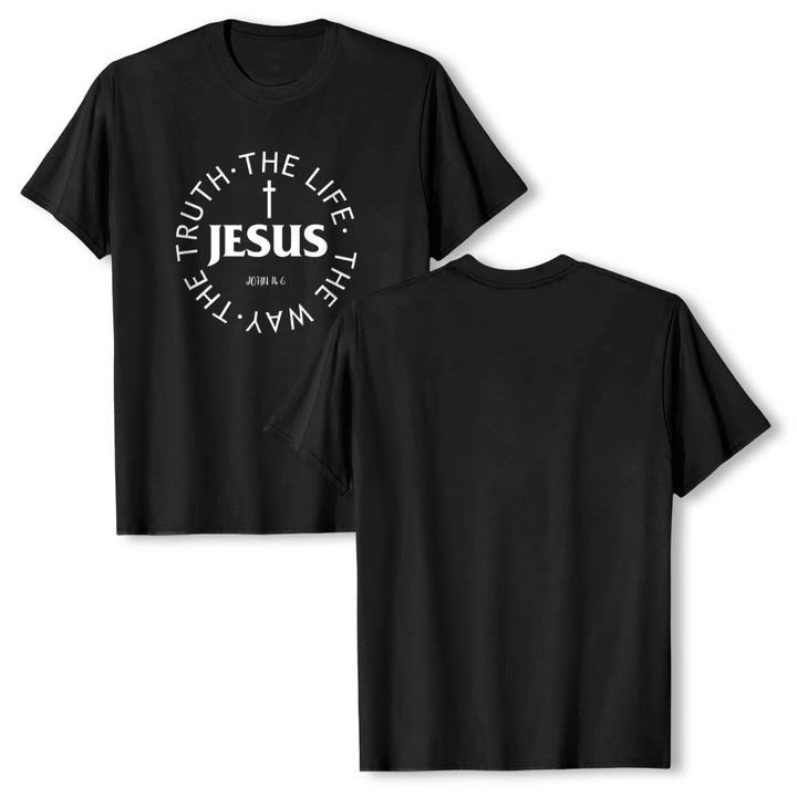 Christianartworkshop T-shirt premium à manches courtes avec croix centrée, inscription circulaire et verset Jean 14:6 - image 19