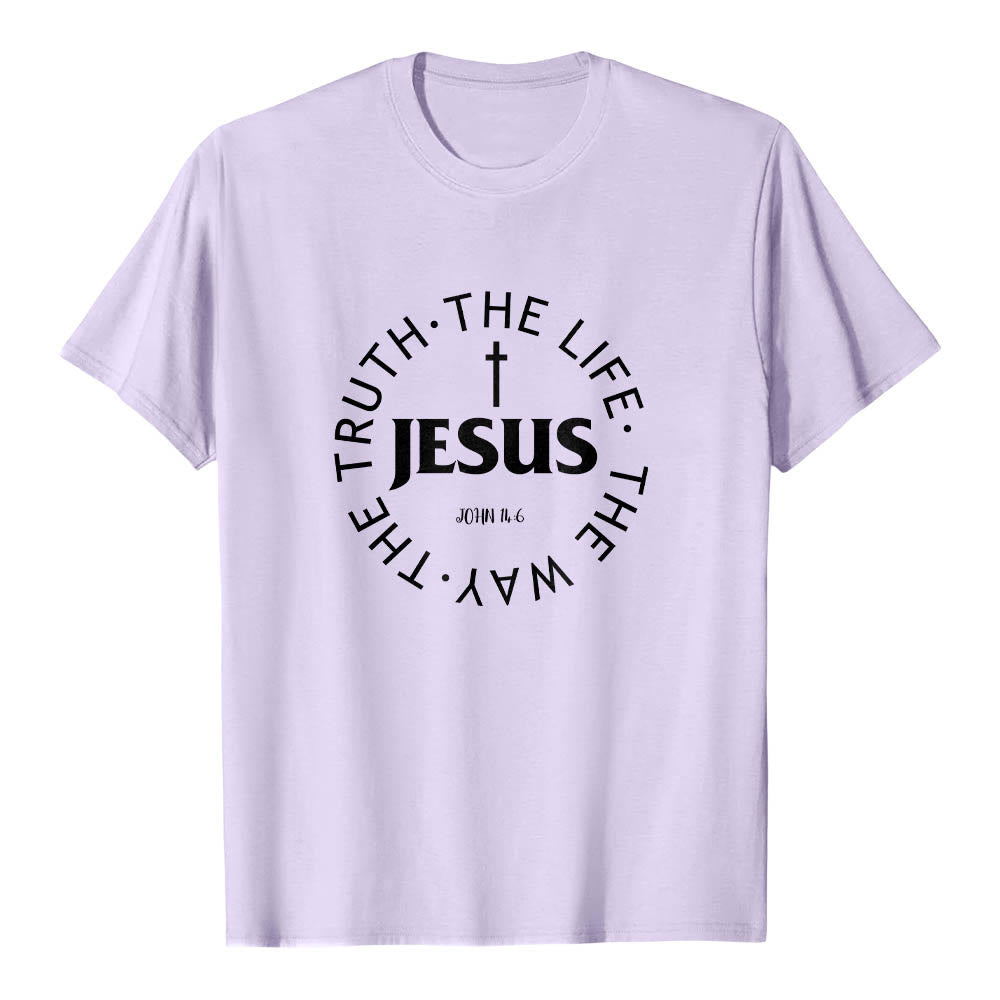 Christianartworkshop T-shirt premium à manches courtes avec croix centrée, inscription circulaire et verset Jean 14:6 - Violet - 2XL - image 15