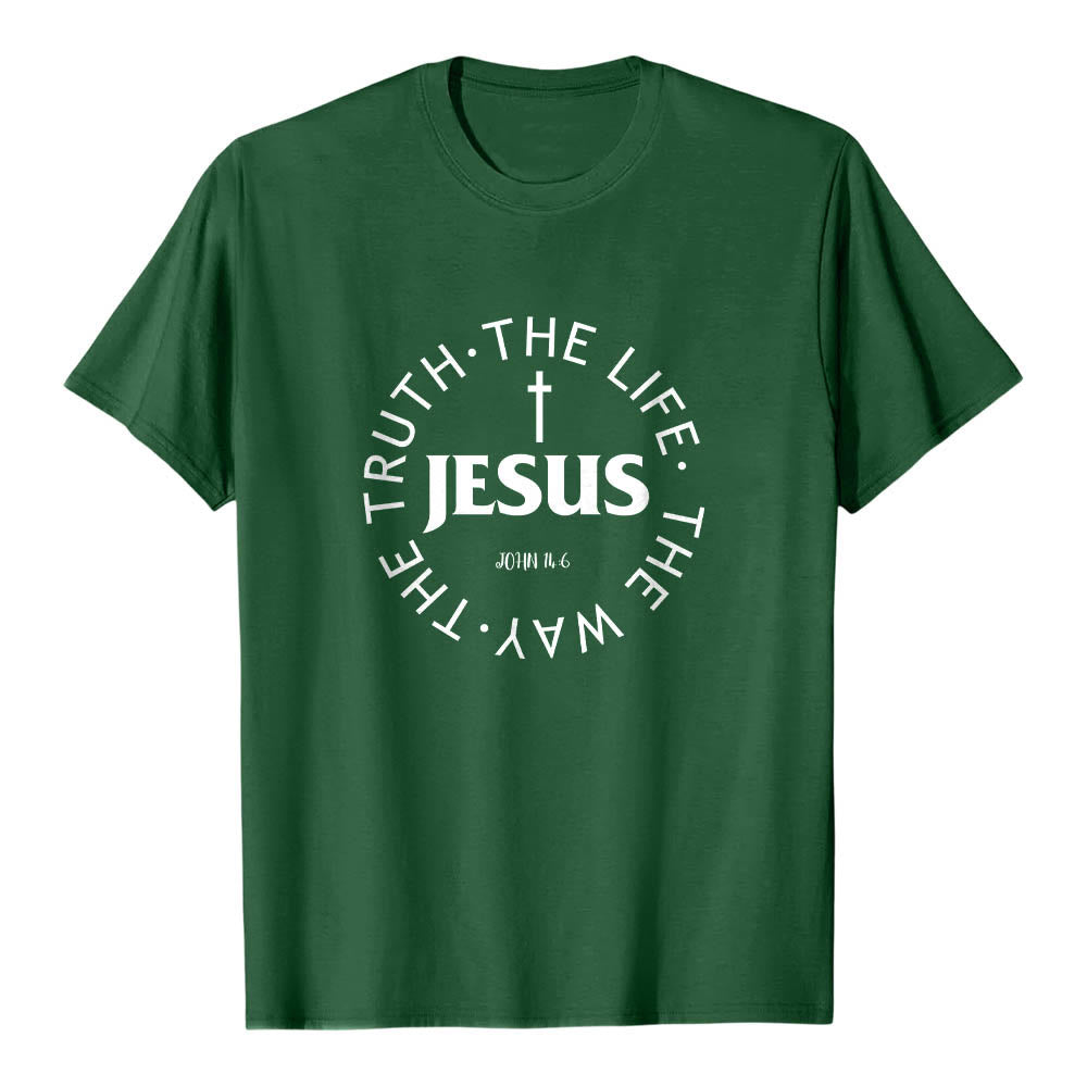 Christianartworkshop T-shirt premium à manches courtes avec croix centrée, inscription circulaire et verset Jean 14:6 - Vert foncé - 2XL - image 9