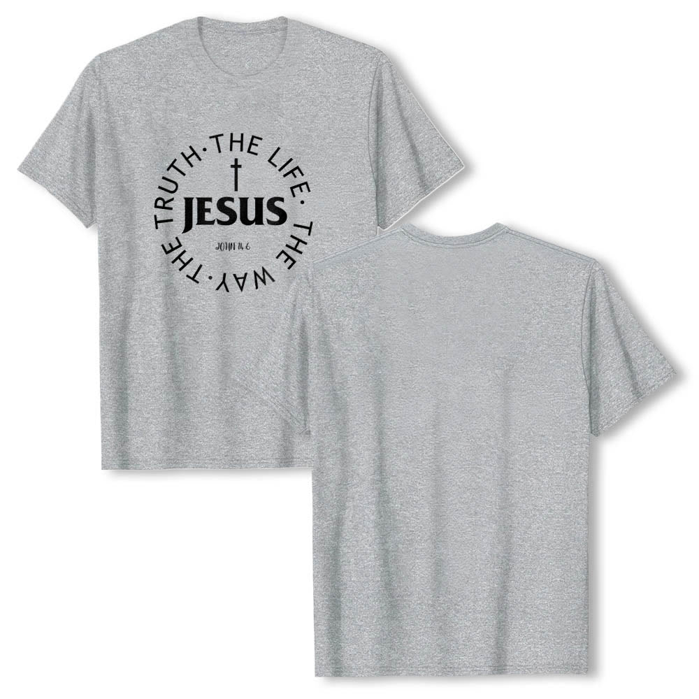 Christianartworkshop T-shirt premium à manches courtes avec croix centrée, inscription circulaire et verset Jean 14:6 - image 4