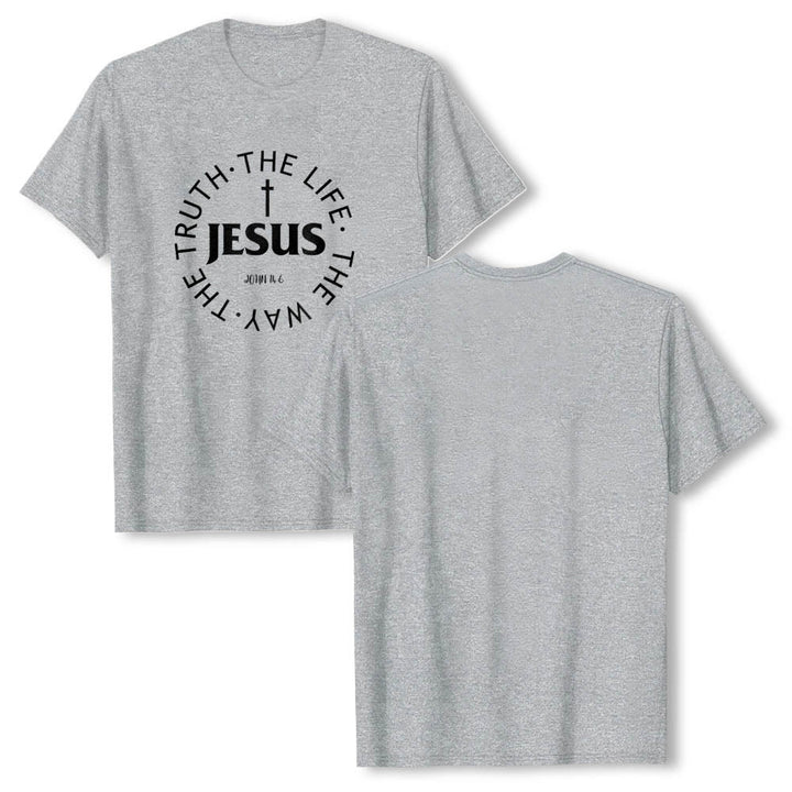 Christianartworkshop T-shirt premium à manches courtes avec croix centrée, inscription circulaire et verset Jean 14:6 - image 4