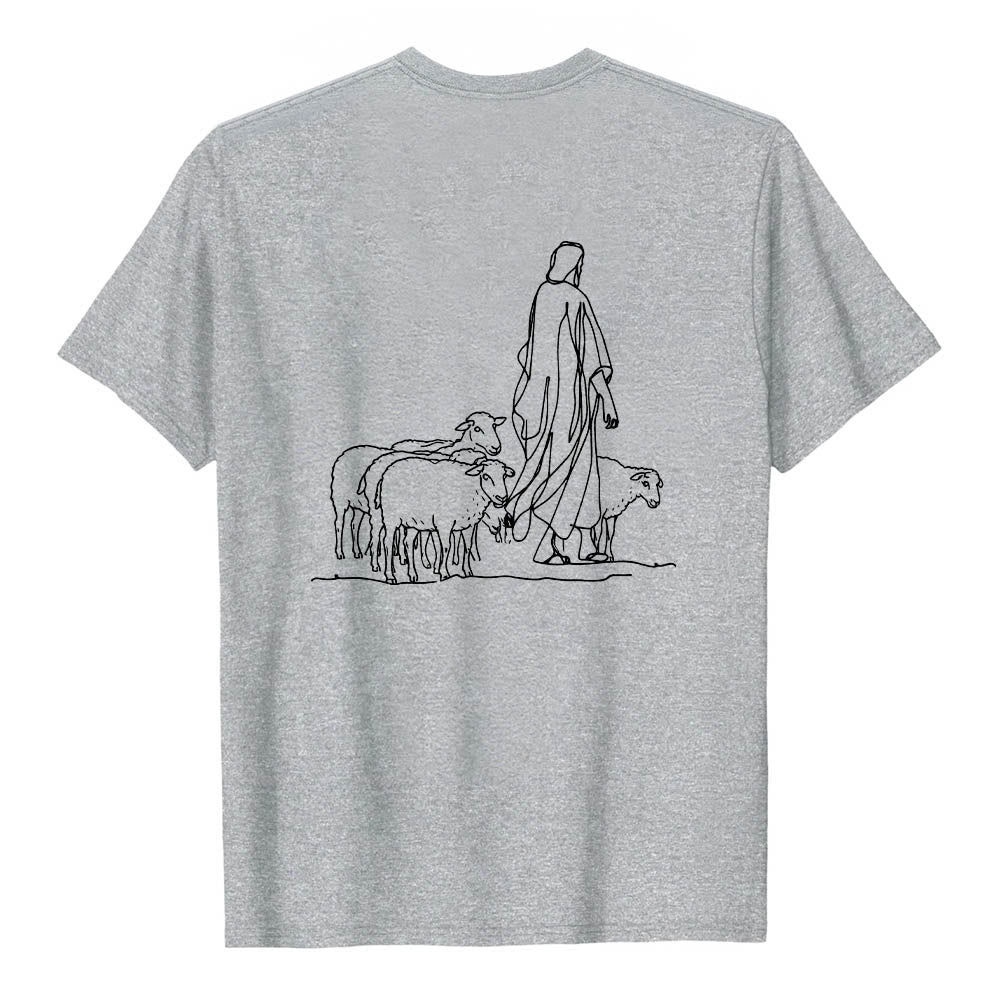 Christianartworkshop Si tu ne tiens qu'à un fil (Matthieu 9:22) - T-shirt premium à manches courtes - Illustration du berger et des brebis au dos - image 2