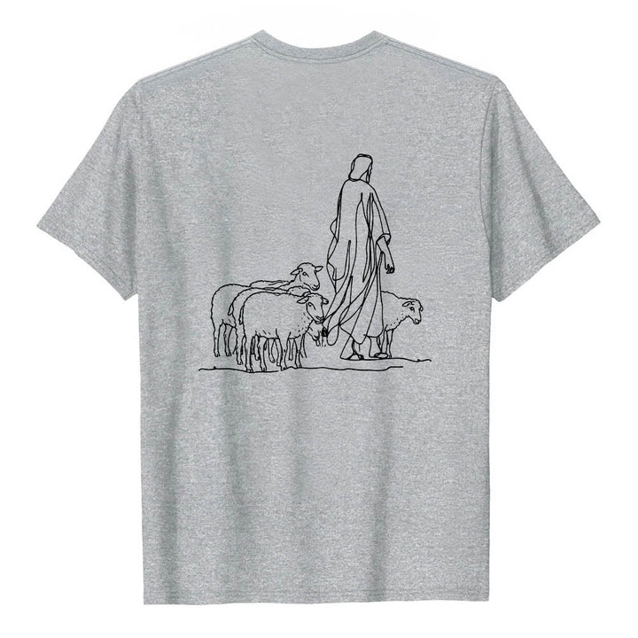 Christianartworkshop Si tu ne tiens qu'à un fil (Matthieu 9:22) - T-shirt premium à manches courtes - Illustration du berger et des brebis au dos - image 2
