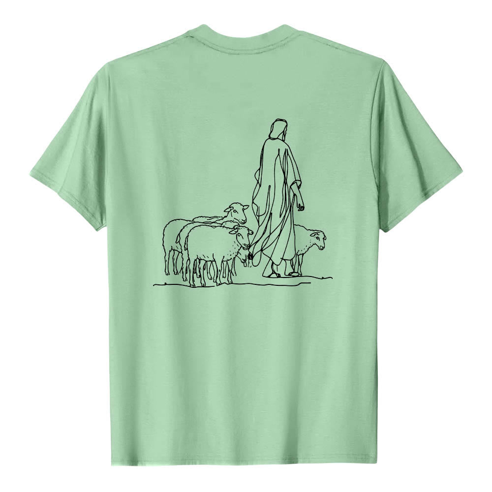 Christianartworkshop Si tu ne tiens qu'à un fil (Matthieu 9:22) - T-shirt premium à manches courtes - Illustration du berger et des brebis au dos - image 23