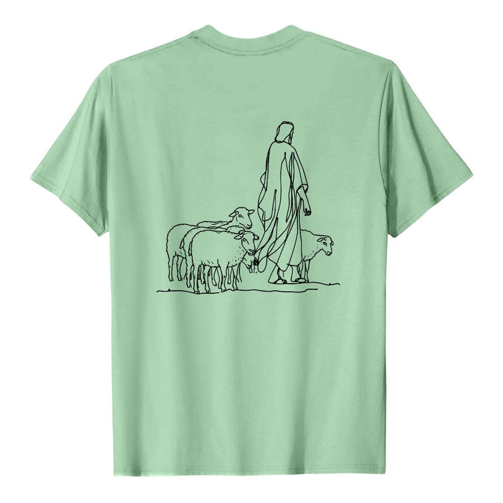 Christianartworkshop Si tu ne tiens qu'à un fil (Matthieu 9:22) - T-shirt premium à manches courtes - Illustration du berger et des brebis au dos - image 23