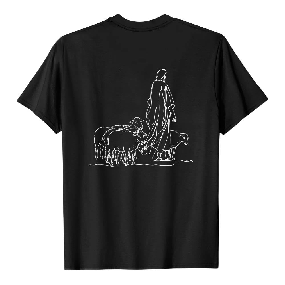 Christianartworkshop Si tu ne tiens qu'à un fil (Matthieu 9:22) - T-shirt premium à manches courtes - Illustration du berger et des brebis au dos - image 17