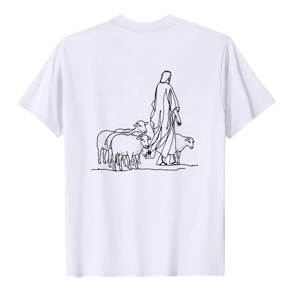 Christianartworkshop Si tu ne tiens qu'à un fil (Matthieu 9:22) - T-shirt premium à manches courtes - Illustration du berger et des brebis au dos - image 5