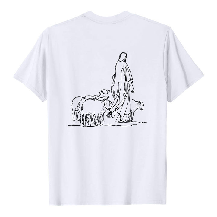 Christianartworkshop Si tu ne tiens qu'à un fil (Matthieu 9:22) - T-shirt premium à manches courtes - Illustration du berger et des brebis au dos - image 5