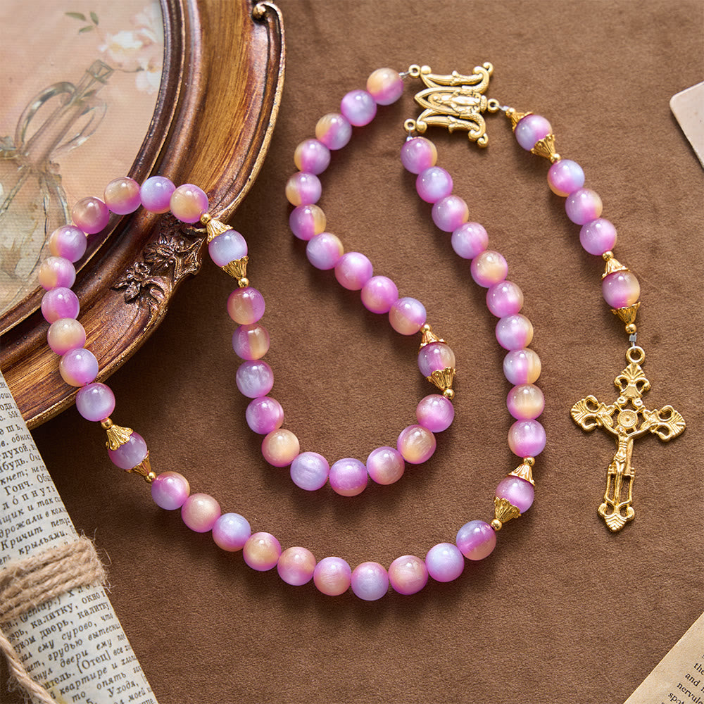 Christianartworkshop Crucifix à perles œil-de-chat irisées dégradées et chapelet arqué de Notre-Dame - Chapelet à dégradé violet onirique - image 0
