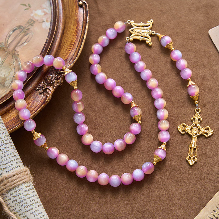Christianartworkshop Crucifix à perles œil-de-chat irisées dégradées et chapelet arqué de Notre-Dame - Chapelet à dégradé violet onirique - image 0