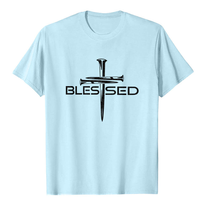 Christianartworkshop T-shirt premium à manches courtes avec imprimé en gras « Trois clous bénis » et croix fendue - Bleu - 2XL - image 6